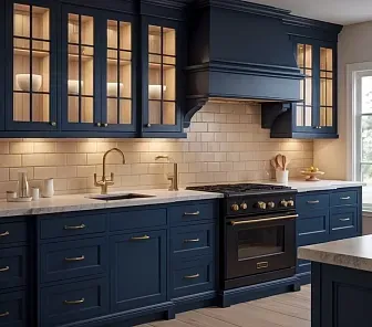 Классическая кухня в тёмно-синей эмали с витринами и фрезеровкой