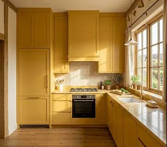 Угловая желтая кухня в стиле кантри