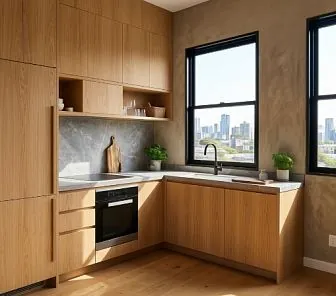 Г образная кухня в тёплом современном стиле