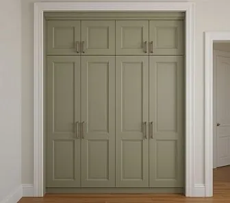 Шкаф встроенный распашной в нишу, с фасадами оливкового цвета