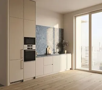 Современная прямая кухня белого цвета без верхних шкафов