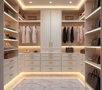 Светлая гардеробная с фасадами в кремовом оттенке и золотой фурнитурой