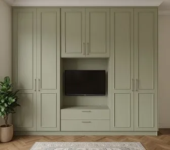 Встроенный шкаф-гардероб с нишей под ТВ в мягком оливковом оттенке