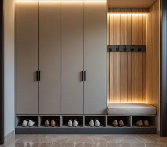 Прихожая-гардероб в тёплом сером оттенке с гладкими матовыми фасадами