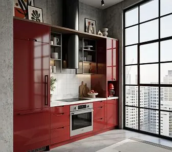 Кухня в стиле авангардный лофт с красными глянцевыми фасад