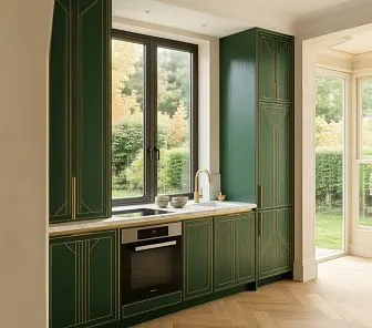 Кухня в стиле ар-деко с зелёными фасадами и золотым декором