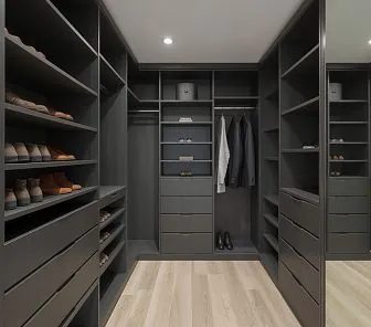 П-образная гардеробная из матового тёмно-графитового ЛДСП