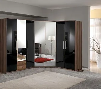 Угловой шкаф с черными глянцевыми фасадами и зеркалами CS272