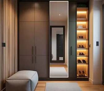 Встроенный шкаф-прихожая с зеркалом и подсветкой