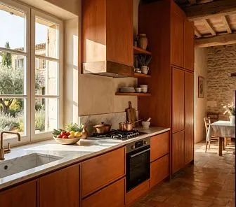 Древесно провонсальная прямая кухня в современном стиле