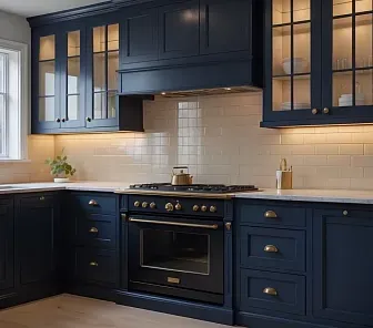 Классическая кухня в тёмно-синей эмали с витринами и фрезеровкой