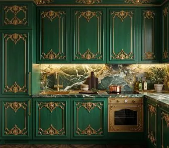 Угловая изумрудная кухня в стиле дворцовая классика с золочёным резным декором