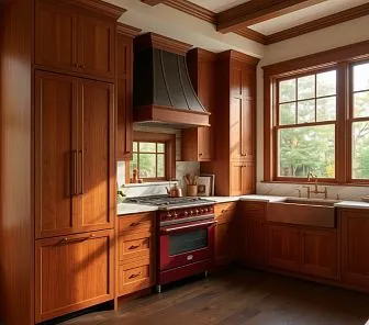 Угловая кухня из массива вишни с мраморной столешницей и медной мойкой-фартуком