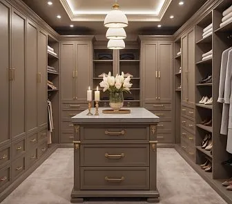 Классическая гардеробная в теплой эмали с островом и золотыми акцентами