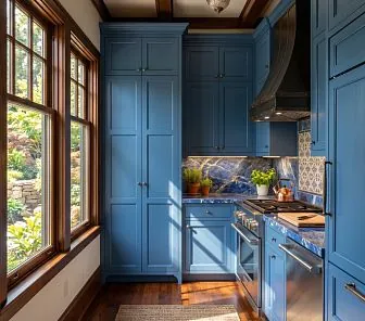 П-образная классическая синяя кухня с медной вытяжкой и столешницей из синего кварцита