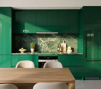 Прямая глянцевая изумрудно-зелёная кухня со столешницей из зелёного мрамора