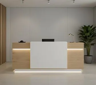 Стойка ресепшн светлое дерево и лаконичный белый