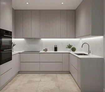 U-образная кухня в светло-сером матовом оттенке