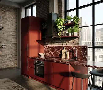 Современная красная прямая кухня с полуостровом