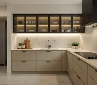 U-образная кухня с чёрными витринными шкафами с подсветкой