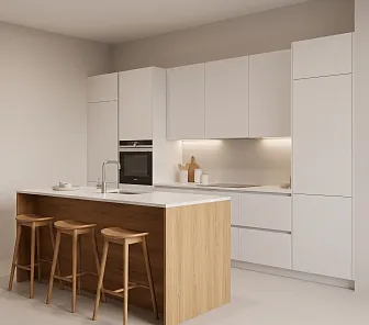 Кухня белая с ореховым островом