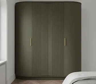 Радиусный шкаф в оливковом цвете с рифлёными вставками