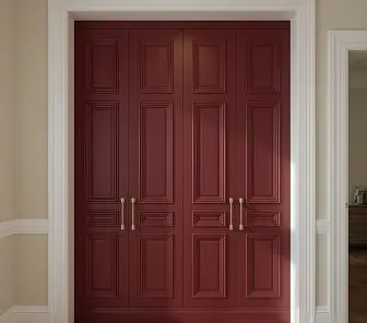 Роскошный встроенный шкаф бордового цвета с классической объёмной фрезеровкой