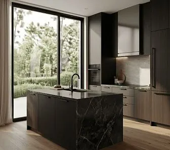 Прямая кухня с островом из элитной древесины