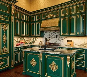 Угловая изумрудная кухня в стиле барокко с резным золочёным островом