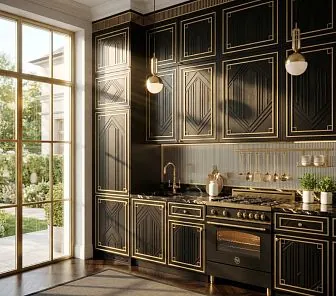 Кухня в стиле ар-деко чёрная с золотом