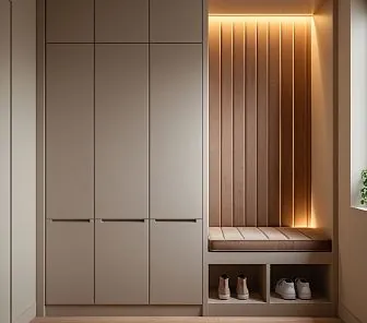 Встроенная прихожая с мягкой зоной в светло-бежевом исполнении