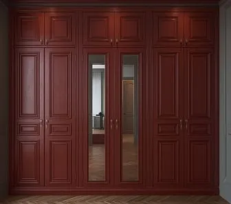 Классический шкаф-купе до потолка с зеркальными вставками и фрезеровкой в бордовом цвете