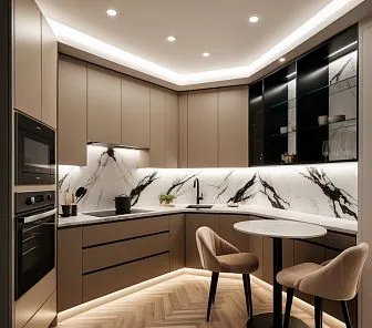 U-образная кухня с матовыми фасадами в тёплом бежево-какао оттенке