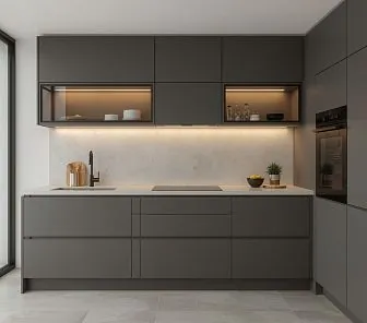 Лаконичная современная кухня в графитовом матовом цвете
