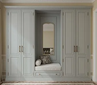 Традиционный шкаф с мягким сидением и зеркалом в эмали цвета селадон