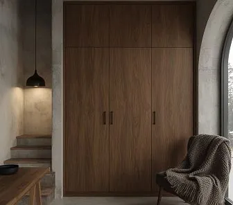 Современный подлестничный шкаф в отделке тёплого ореха