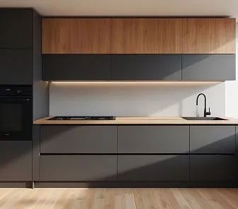 Прямая кухня с тёплым древесным шпоном