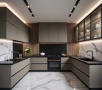 U-образная кухня в минималистичном стиле с матовыми фасадами в оттенке мокрого асфальта