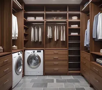 Гардеробная с местом для стиральной машины и открытым хранением
