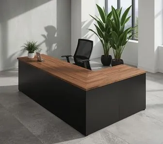 Стойка ресепшн угловая в черном матовом и шпоне ореха