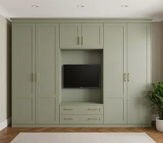 Шкаф-гардероб с нишей под ТВ с фасадами в нежном оливковом цвете