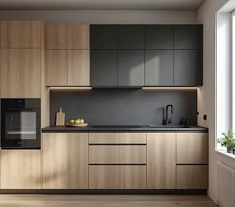 Прямая кухня с эффектным сочетанием светлого дерева и матовых чёрных фасадов