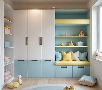Встроенный шкаф для детской комнаты в ярких акцентных тонах