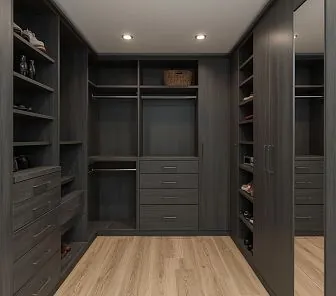 П-образная гардеробная из гладкого тёмно-серого ЛДСП