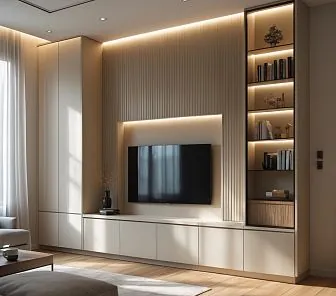 Минималистичная ТВ-зона в бежевом цвете с вертикальными рейками и витриной