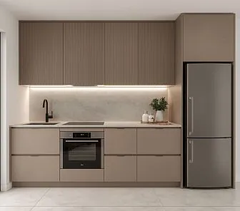 Линейная кухня в трендовом тауповом оттенке