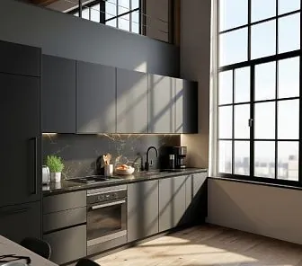 Линейная кухня в стиле лофт-минимализм