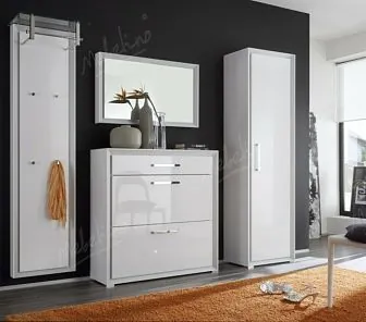 Белая глянцевая прихожая мебель с металлической фурнитурой PC578