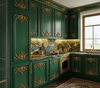 Угловая изумрудная кухня в стиле дворцовая классика с золочёным резным декором
