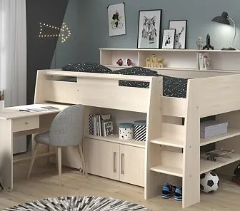 Бежевая кровать-чердак со столом, полками и тумбой (товар под заказ), Md324